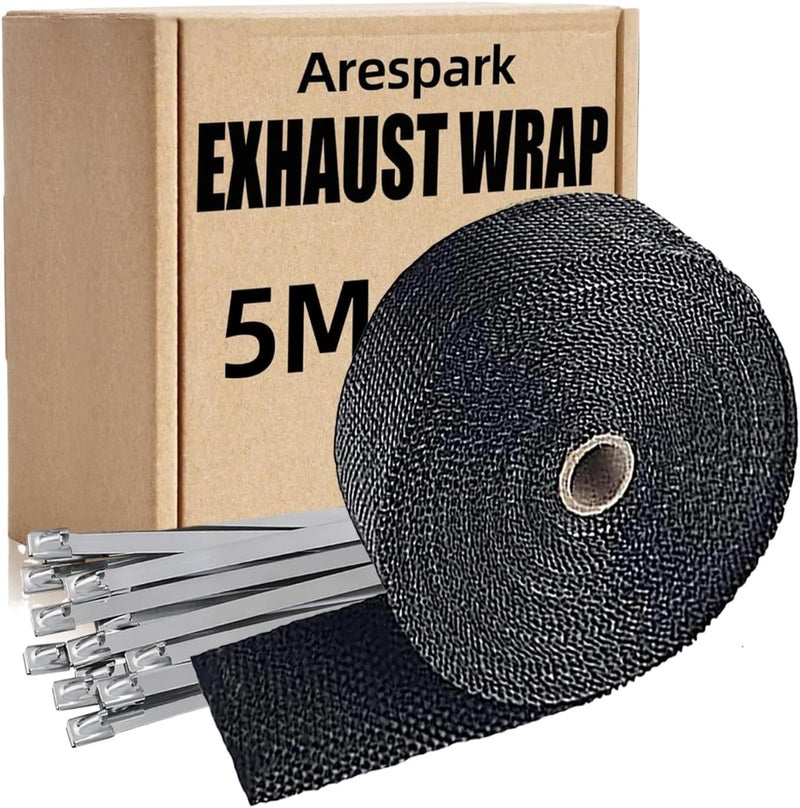 Arespark Exhaust Header Wrap, 2in x 16.5ft Black Heat Shield Tape with Stainless Steel Zip Ties 10pcs for Car Motorcycle Exhaust Manifold Heat Insulation Tape - Image 1